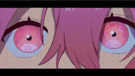 a close up of a girl with pink hair and red eyes .