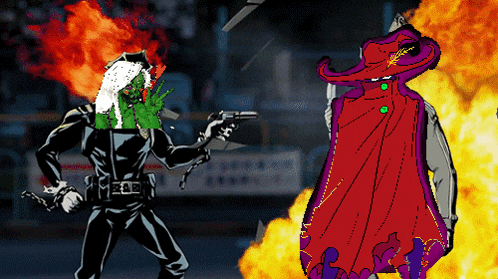 a cartoon of a police officer pointing a gun at a purple caped figure