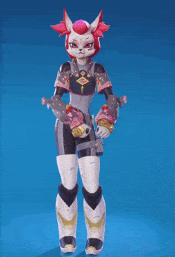 a cartoon character with red hair and white pants is standing on a blue background