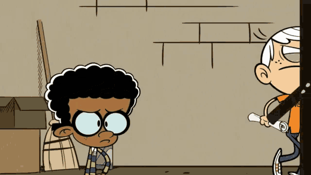 a cartoon of a boy with glasses standing next to a man