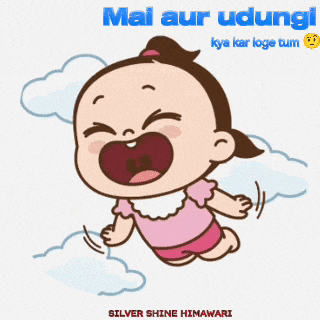 a cartoon of a baby girl flying through the air with the words mai aur udungi