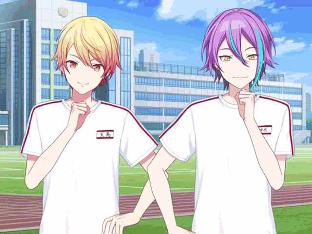 two anime characters are standing next to each other with their hands on their chins in front of a large building