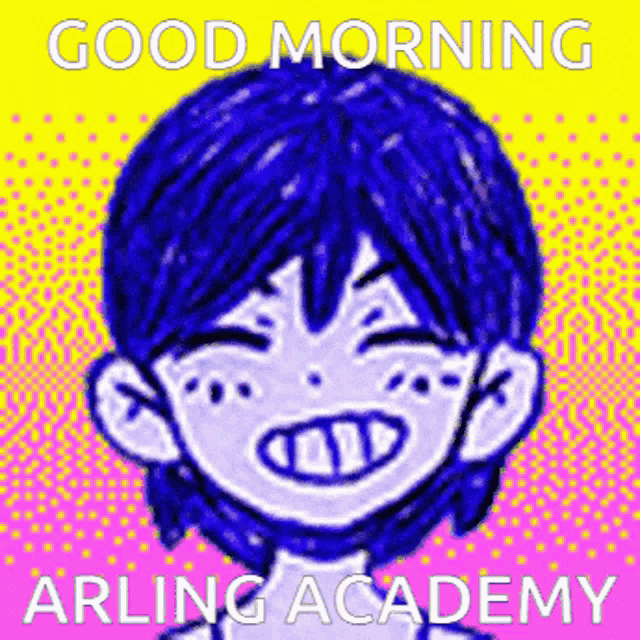 a cartoon character with blue hair is smiling and says good morning arling academy