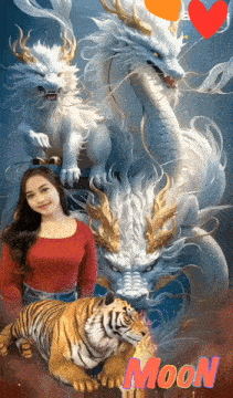 a picture of a woman standing next to a tiger and a dragon with moon written on the bottom