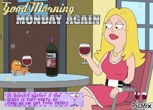 a cartoon of a woman sitting at a table holding two glasses of wine and a bottle of alcohol