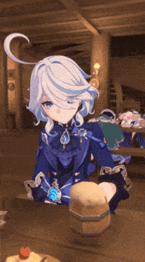 a girl with white hair is sitting at a table