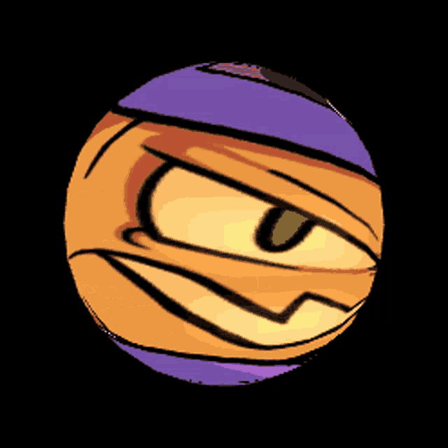 a cartoon ball with a face on it and a purple stripe around it