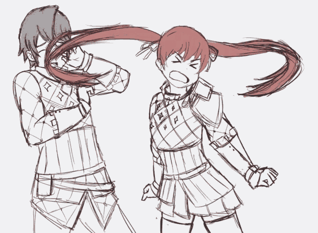 a black and white drawing of a man and a woman fighting