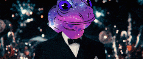 a man in a suit has a purple lizard head on his head