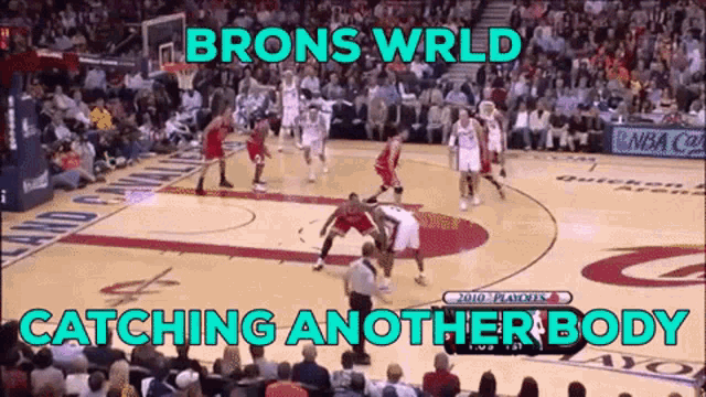 a basketball game is being played with the words brons wrld catching another body below it