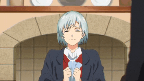 a girl with blue hair is holding a piece of paper
