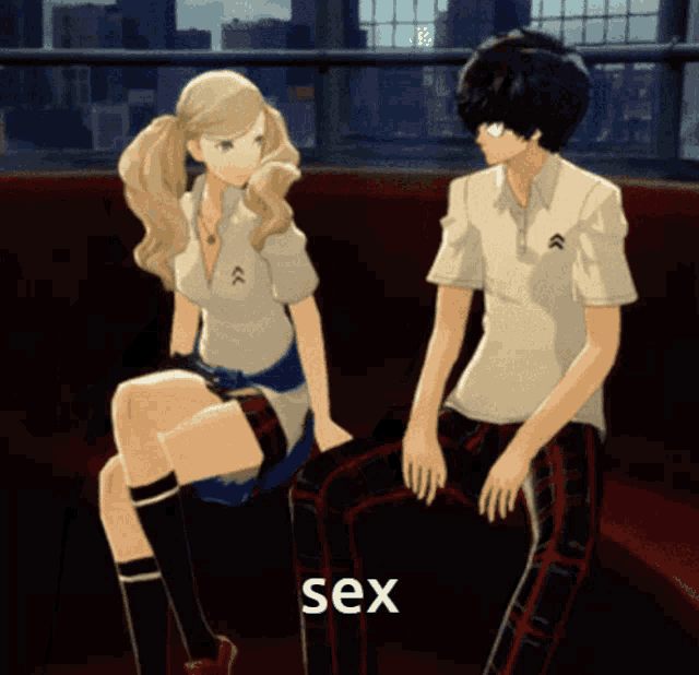 a man and a woman are sitting on a couch with the word sex on the bottom