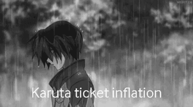 a black and white photo of a boy standing in the rain with the words `` karuta ticket inflation '' .