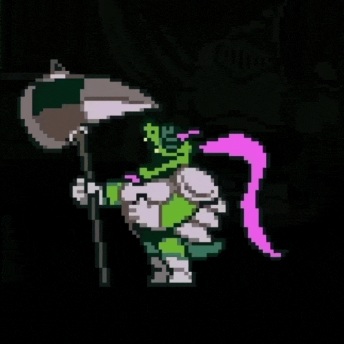 a pixel art of a knight with a pink ponytail holding a sword .
