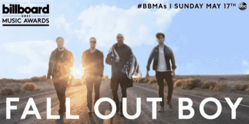 a poster for fall out boy walking down a road