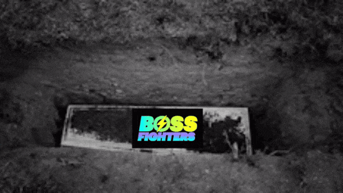 a black and white photo of a coffin with a boss fighters logo on it