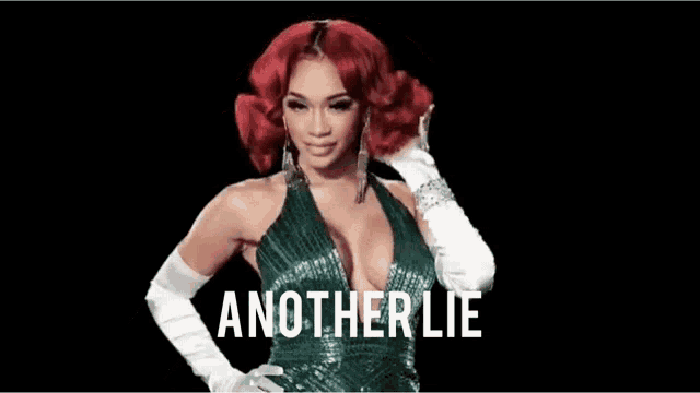 a woman with red hair is wearing a green dress and white gloves with the words another lie above her