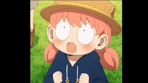 a girl with pink hair wearing a straw hat and a blue hoodie is making a surprised face