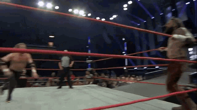 a referee stands in a wrestling ring with two wrestlers
