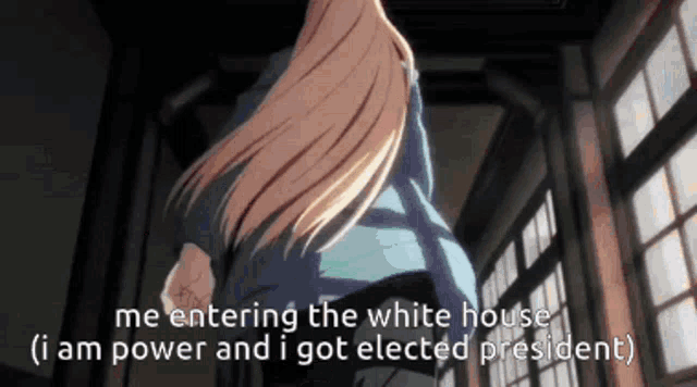 a woman with long blonde hair is walking down a hallway with the words me entering the white house