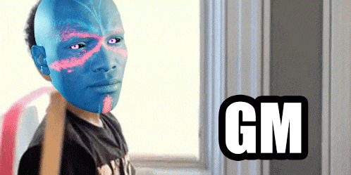 a man with a blue face and the word gm on the bottom right