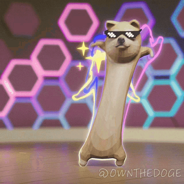 a drawing of a dog wearing sunglasses with the words " ownthedoge " on the bottom
