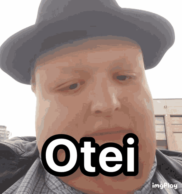 a man wearing a hat and a plaid shirt with the word otel on his face