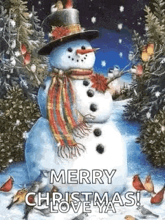 a snowman wearing a top hat and scarf is surrounded by birds and snow .