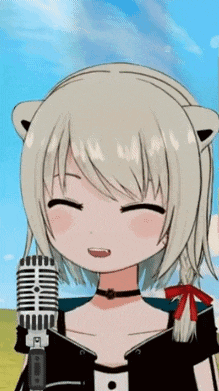a girl with cat ears is singing into a microphone with her eyes closed .
