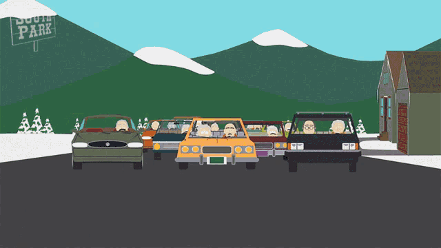 a group of cars are driving down a road with a sign that says south park