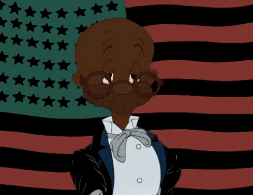 a cartoon character is standing in front of a flag