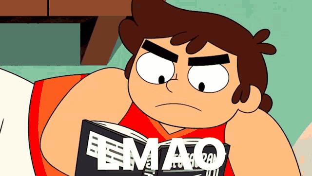 a cartoon character reading a book with the word emao on it
