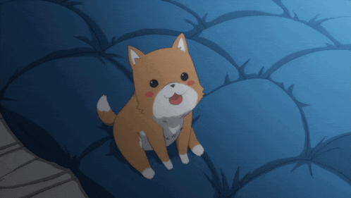 a cartoon dog is sitting on a blue pillow