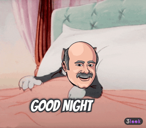 a cartoon of a bald man with a mustache laying on a bed with the words " good night " below him