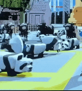 a bunch of panda bears are lined up in a line