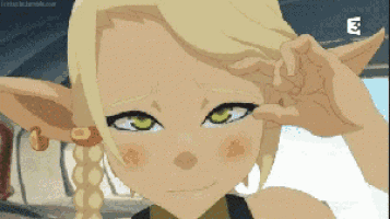 a cartoon girl with blonde hair and green eyes making a peace sign