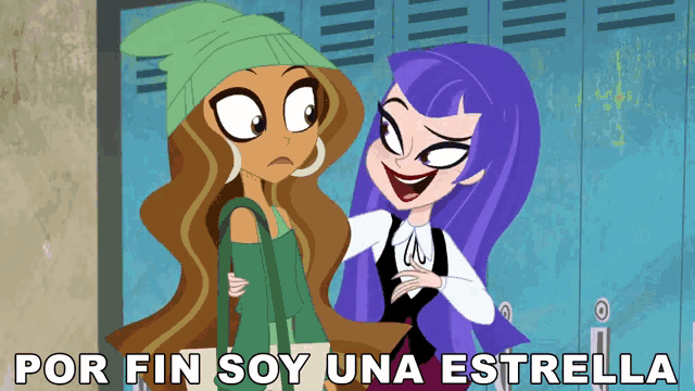 a cartoon of two girls standing next to each other with por fin soy una estrella written below them