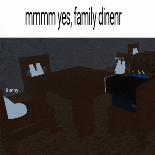 a picture of a table and chairs with the words " mmmm yes family dinerr " at the top