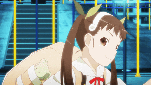 a girl with pigtails and a teddy bear on her back