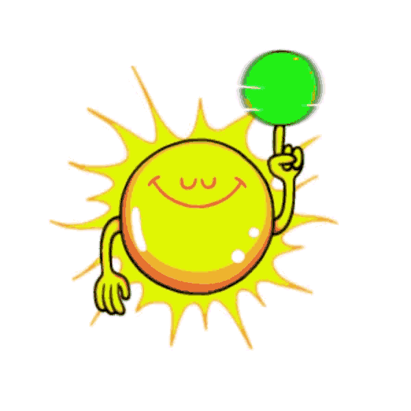 a cartoon sun with arms and legs holding a lollipop