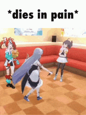 three anime girls are dancing in a room with the words " dies in pain " on the bottom