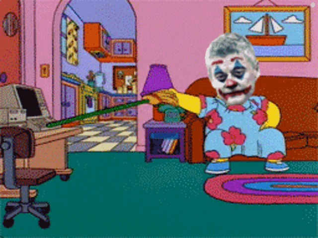 a cartoon of a clown sitting on a couch in a room