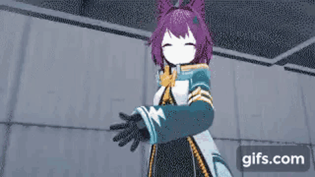 a purple haired anime girl is giving a peace sign while standing in a room .