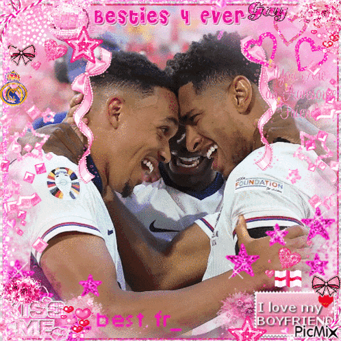 two soccer players hugging each other with the words besties 4 ever written on the bottom