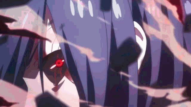 a close up of a girl 's face with purple hair