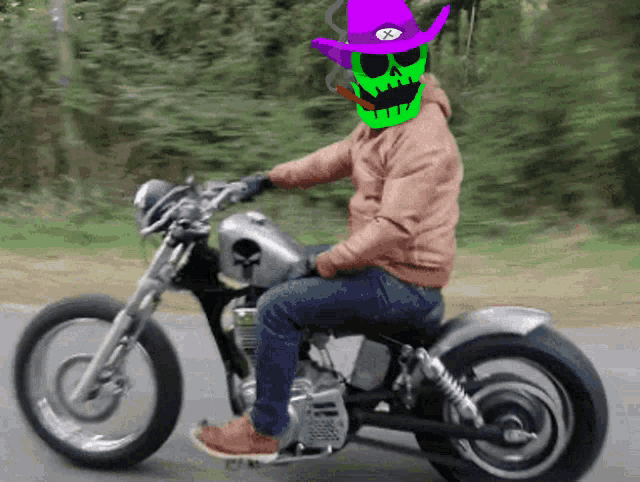a man riding a motorcycle with a green skull on his face