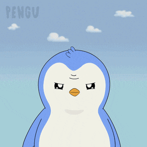 a penguin with a sad look on its face is standing in front of a blue sky with the word pengu above it