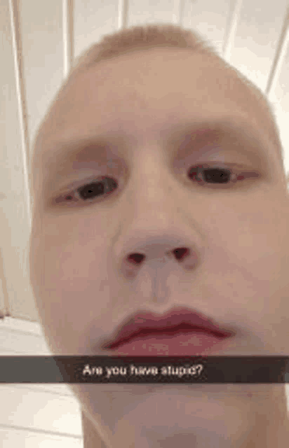 a close up of a man 's face with a snapchat caption that says `` are you stupid '' .