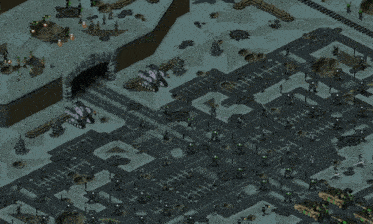 a computer generated image of a battlefield with a tunnel and a few soldiers
