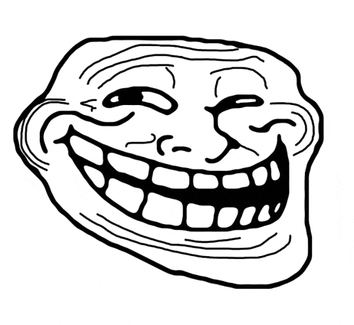 a black and white drawing of a troll face with a huge smile